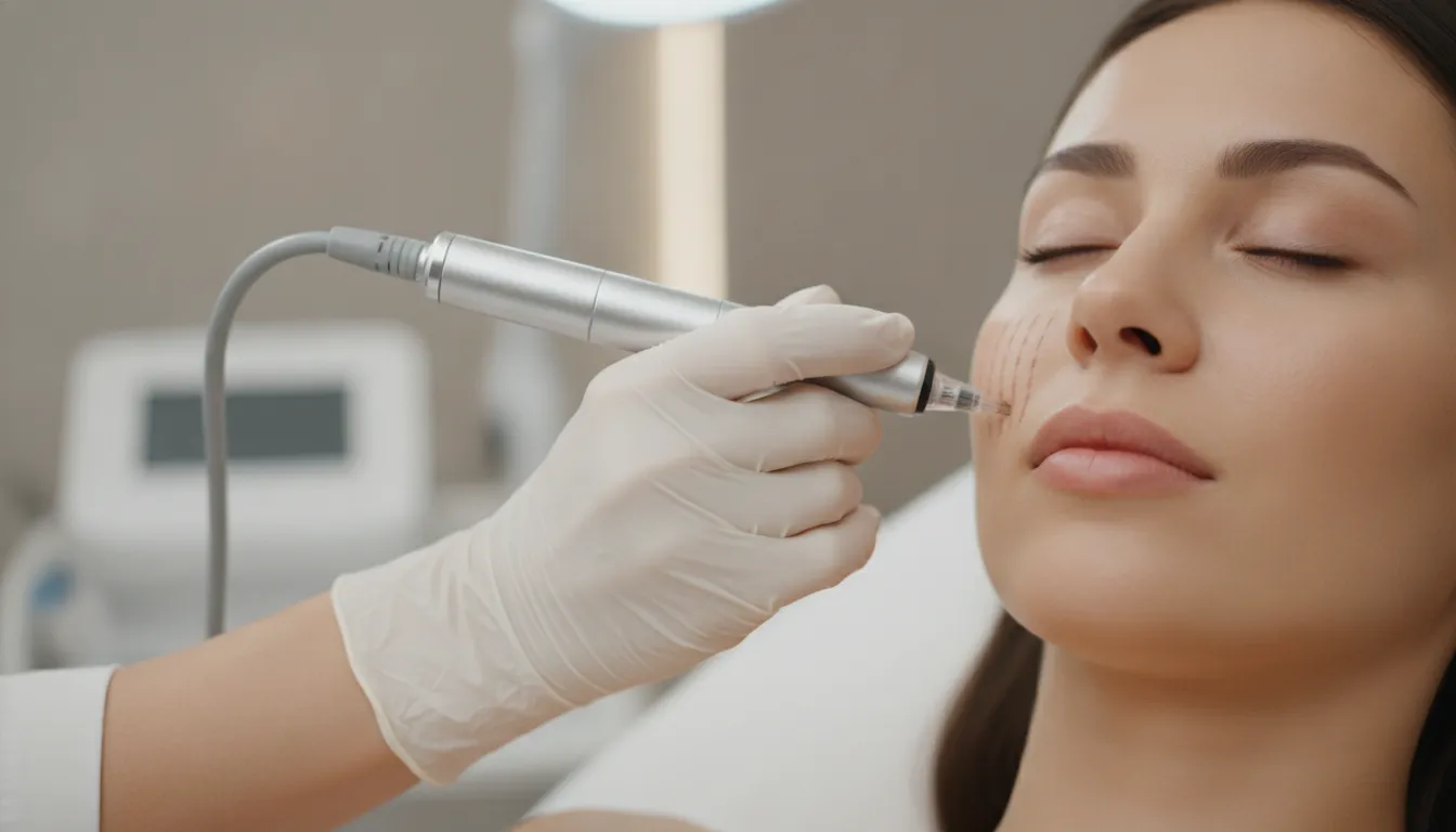 Clinician guiding an MDPEN Ultra microneedling device along a patient's cheek in a bright medical spa room