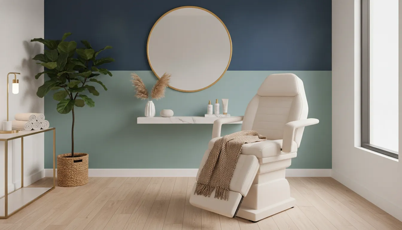Luxury medical spa treatment room at Wilmarwell in Richmond, TX with elegant teal and blue decor