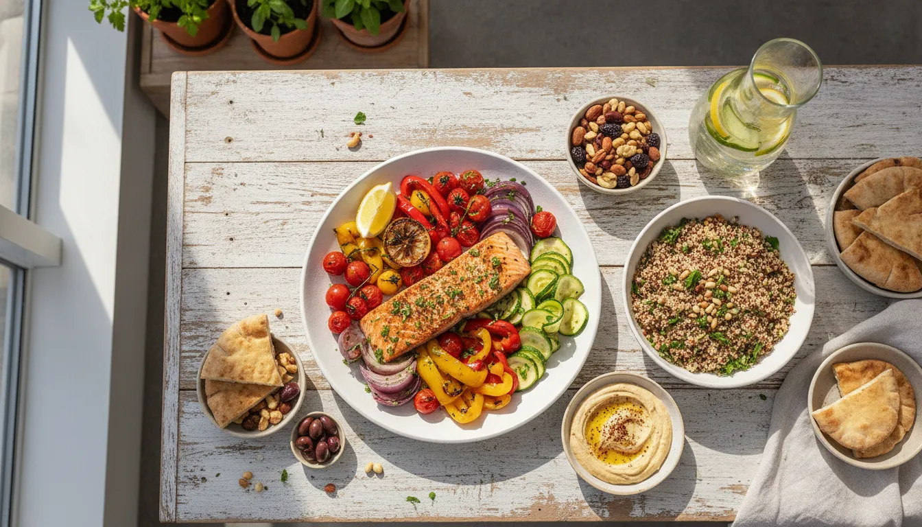 Healthy Mediterranean-style meal with fresh vegetables, lean protein, and whole grains on a wooden table