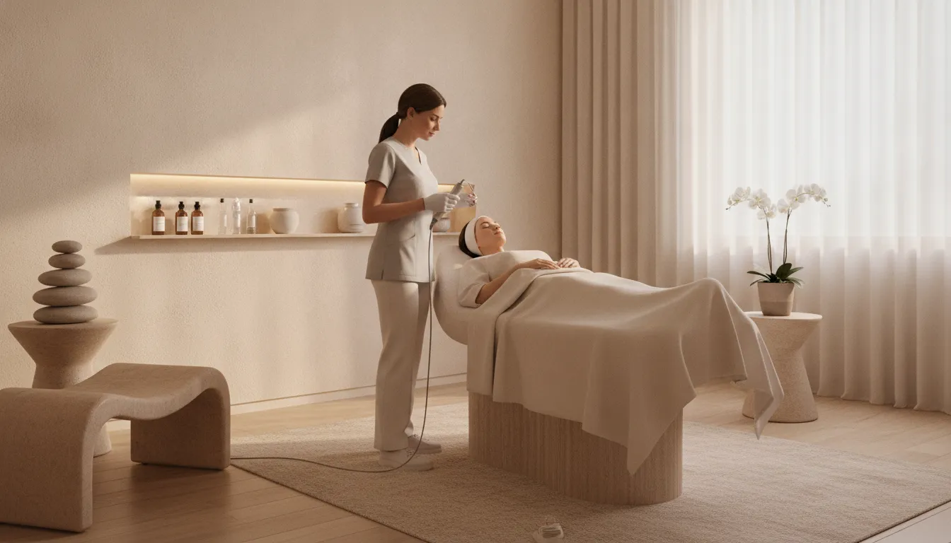 Aesthetician preparing a microneedling session in a serene luxury medical spa treatment room