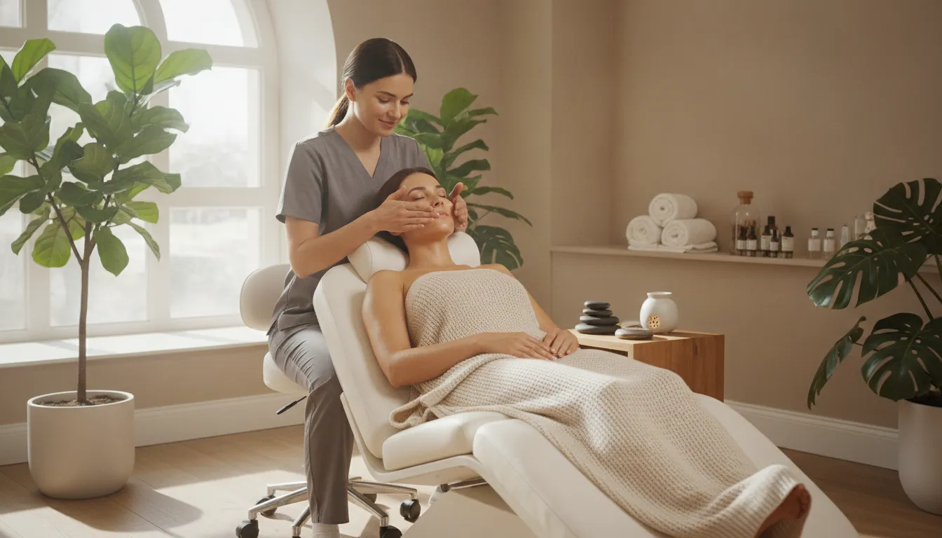 Relaxed patient in a modern med-spa lounge chair while a clinician delivers a gentle wellness treatment in soft daylight
