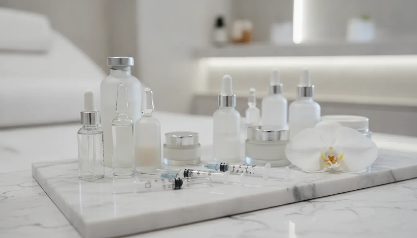 High-end medical spa aesthetics treatment tray with injectables and elegant clinical setup
