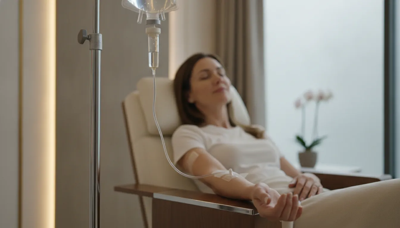 Luxury medical spa IV therapy session with patient relaxing in comfortable chair during NAD+ infusion