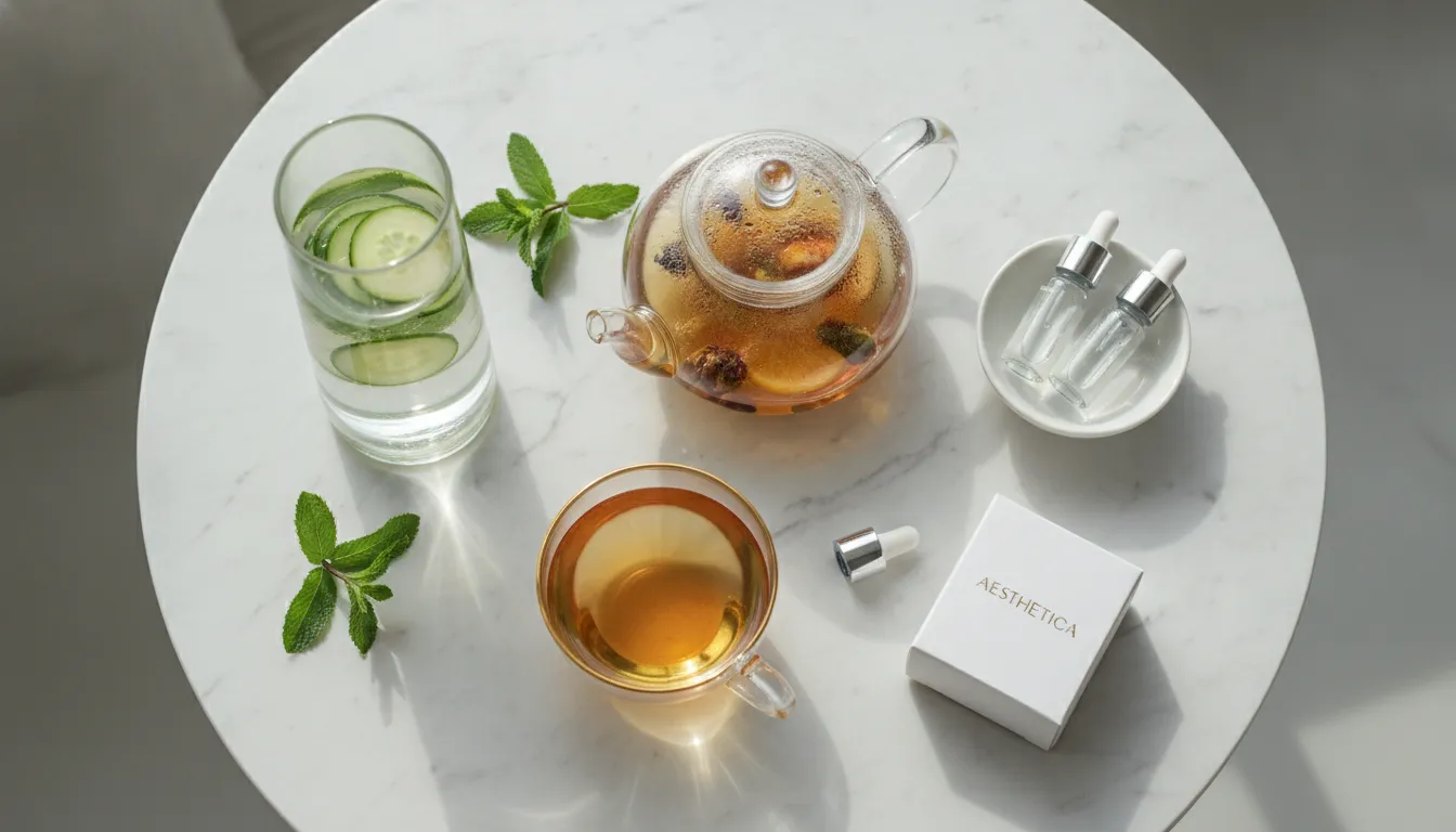 Luxury holistic wellness coaching elements on marble table at our med spa near Katy TX