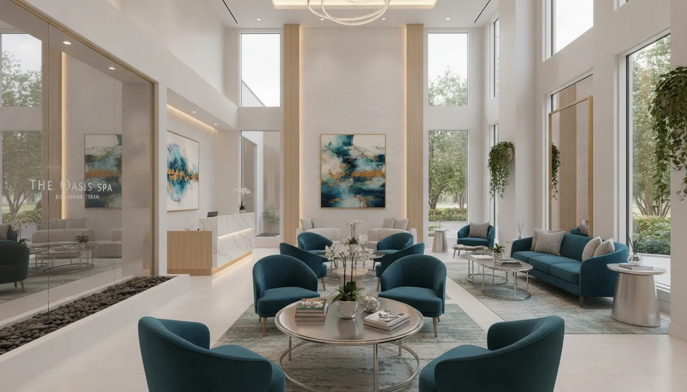 Luxury medical spa interior at Wilmarwell in Richmond TX with modern elegant teal decor and comfortable seating