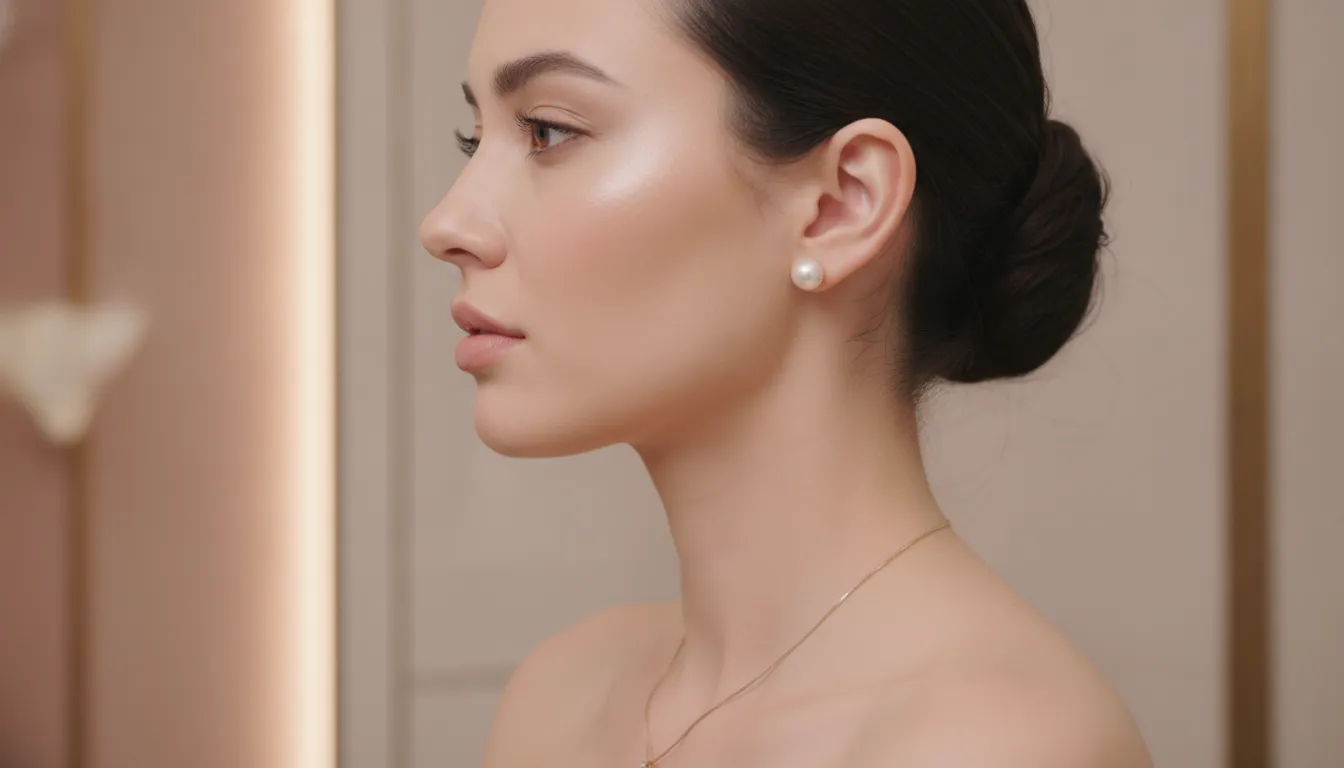 Contoured side profile of a woman with sculpted jawline and chin after lower face aesthetic treatment