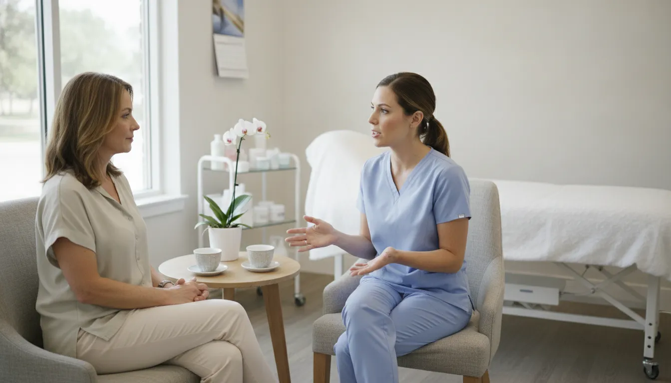 Microneedling consultation with a clinician reviewing treatment goals