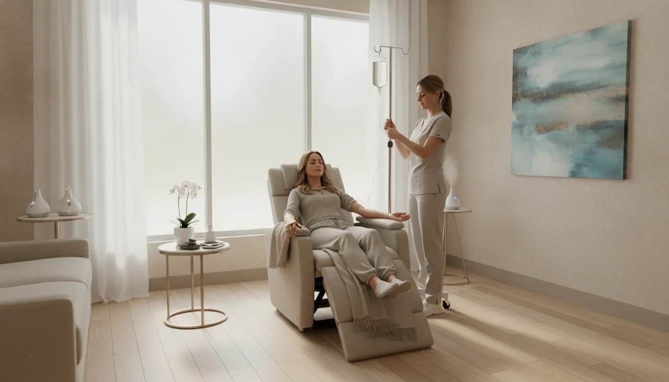 Luxury IV treatment suite at Wilmarwell with comfortable lounge seating for NAD+ infusion sessions in Richmond TX