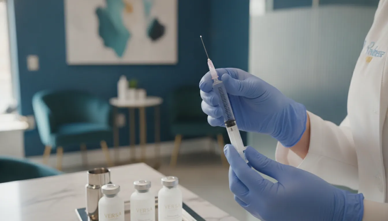 A professional practitioner preparing a syringe of hyaluronic acid gel for a Revanesse Versa lip filler treatment in Richmond TX