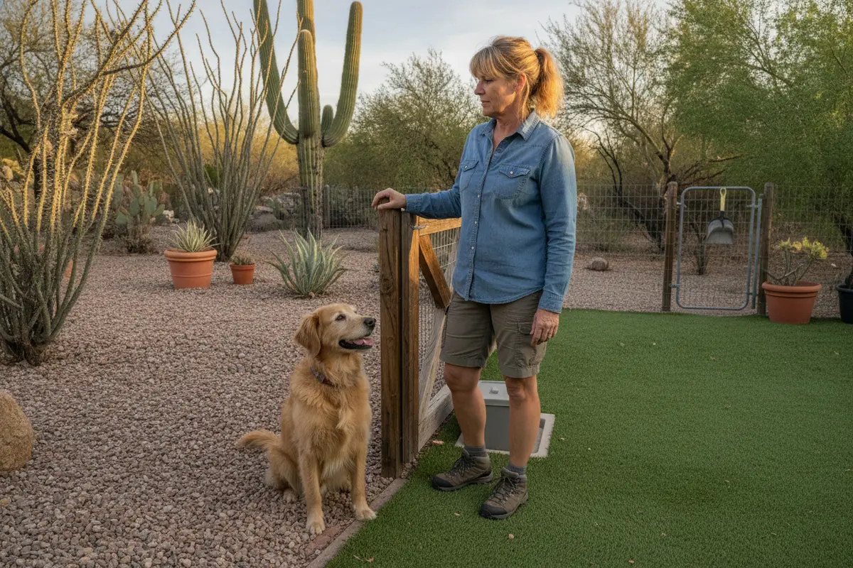 A dog owner checks a Tucson yard for waste and access details before requesting service