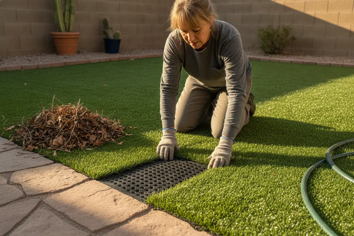 A homeowner checks artificial turf drainage and surface condition before cleaning