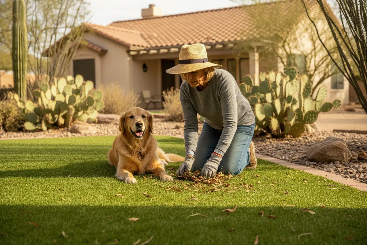 A pet owner checks artificial turf for leaves, debris, and areas used by a dog