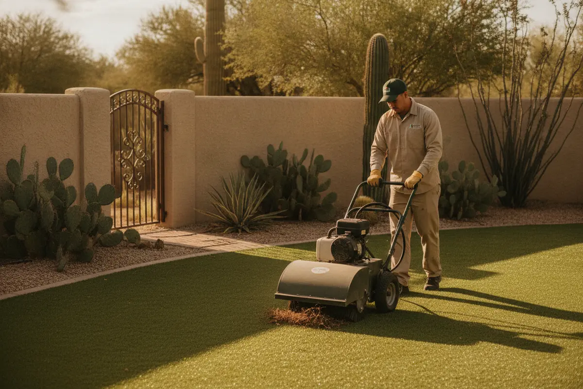 A professional cleaning artificial turf in a pet-use yard