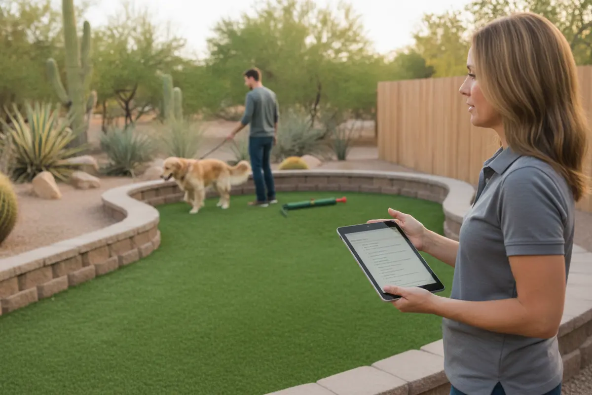 A property manager reviews an artificial turf care plan beside a shared pet area