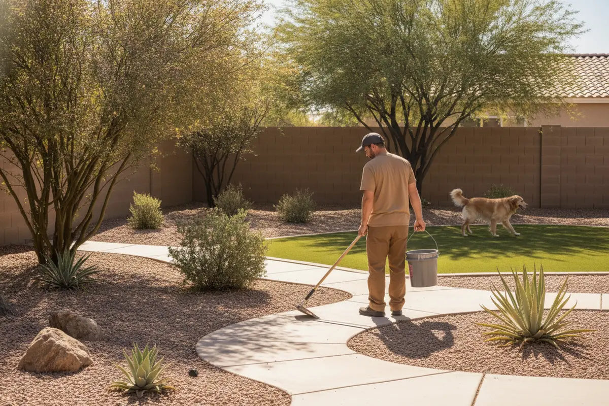 A worker checks a spacious backyard during pet waste cleanup