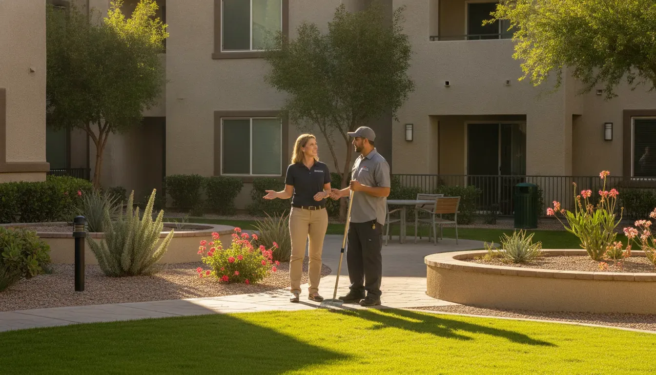 Las Vegas apartment manager reviewing a recurring dog poop pickup route with a technician