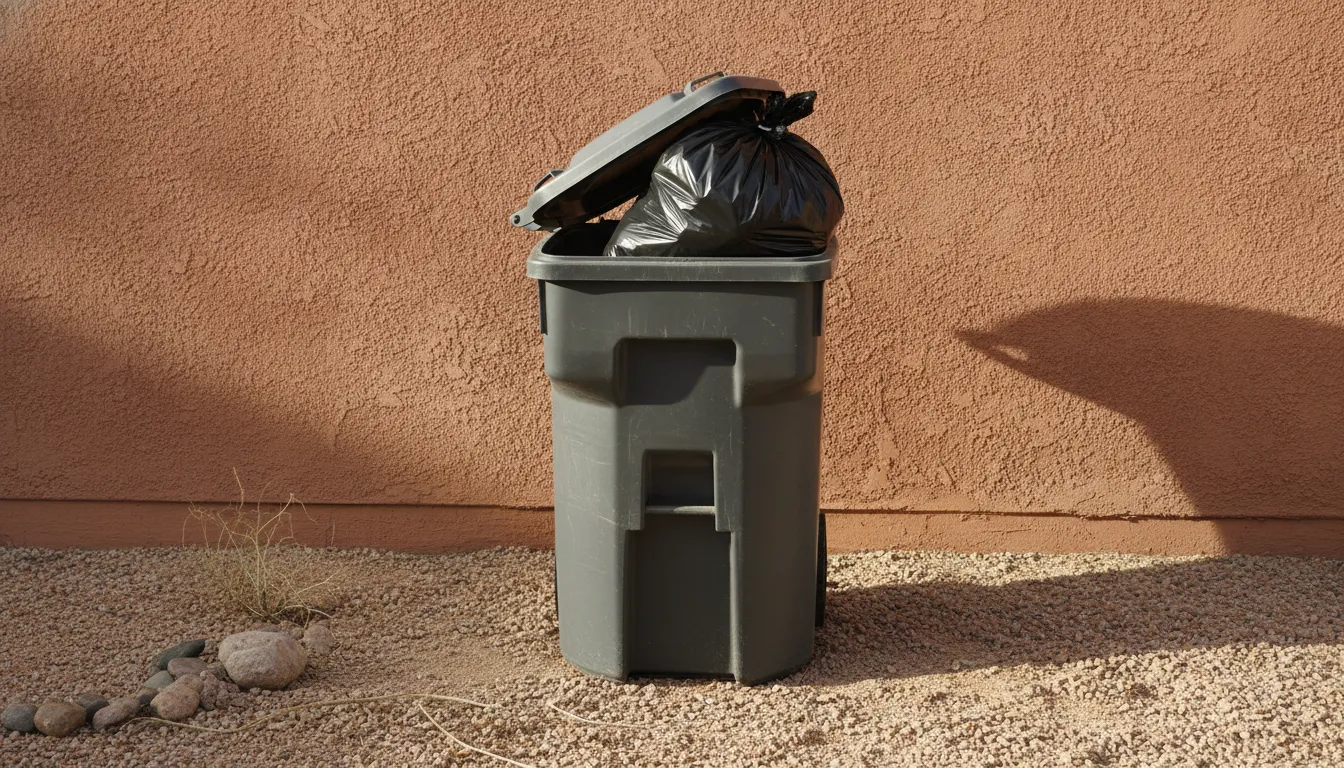 Tied bag of dog waste from a desert yard placed in a closed outdoor trash bin
