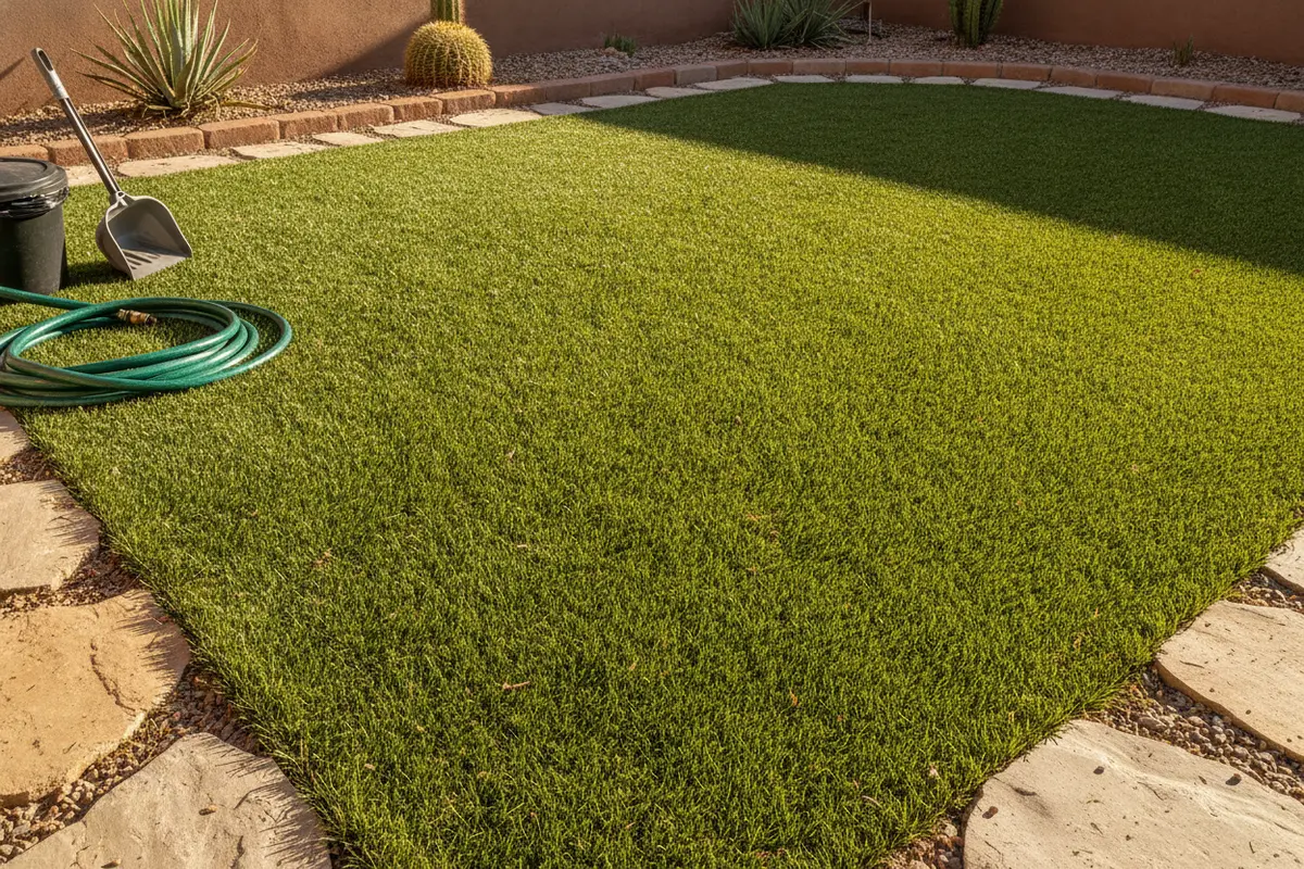 Clean artificial grass dog yard after routine cleaning with dogs