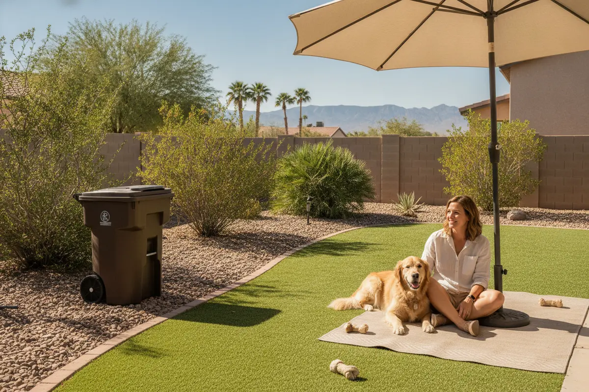 Clean dog-friendly yard after routine pet waste removal in a Southern Nevada home