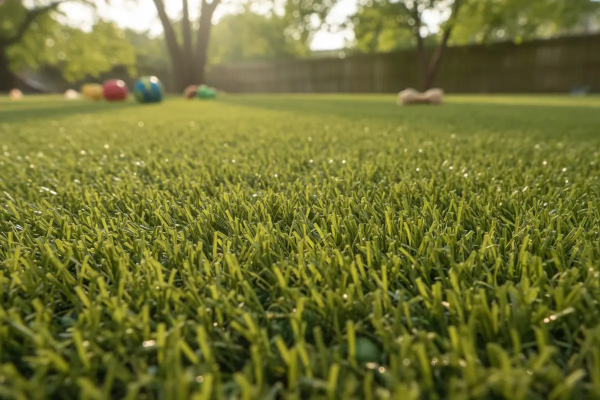 Close view of clean artificial turf fibers after pet-area maintenance