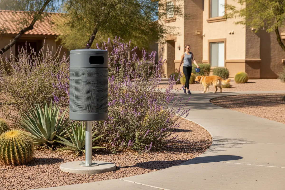 Combo pet waste station placed beside a shared apartment walking path