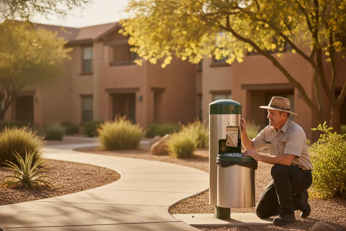 Commercial pet waste station beside a clean apartment community walkway