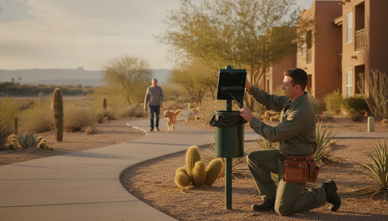 Technician maintaining a community pet waste station