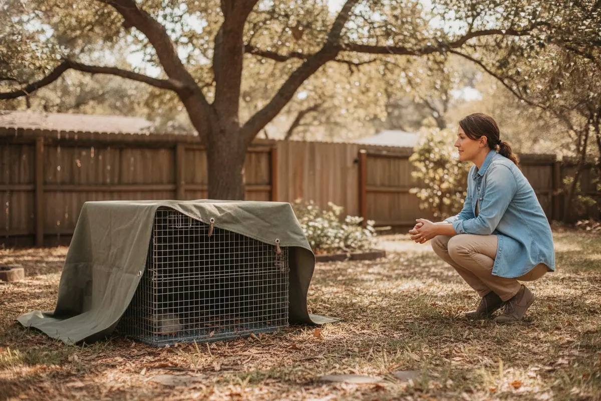Covered humane cat trap being monitored from a safe distance in a shaded quiet yard