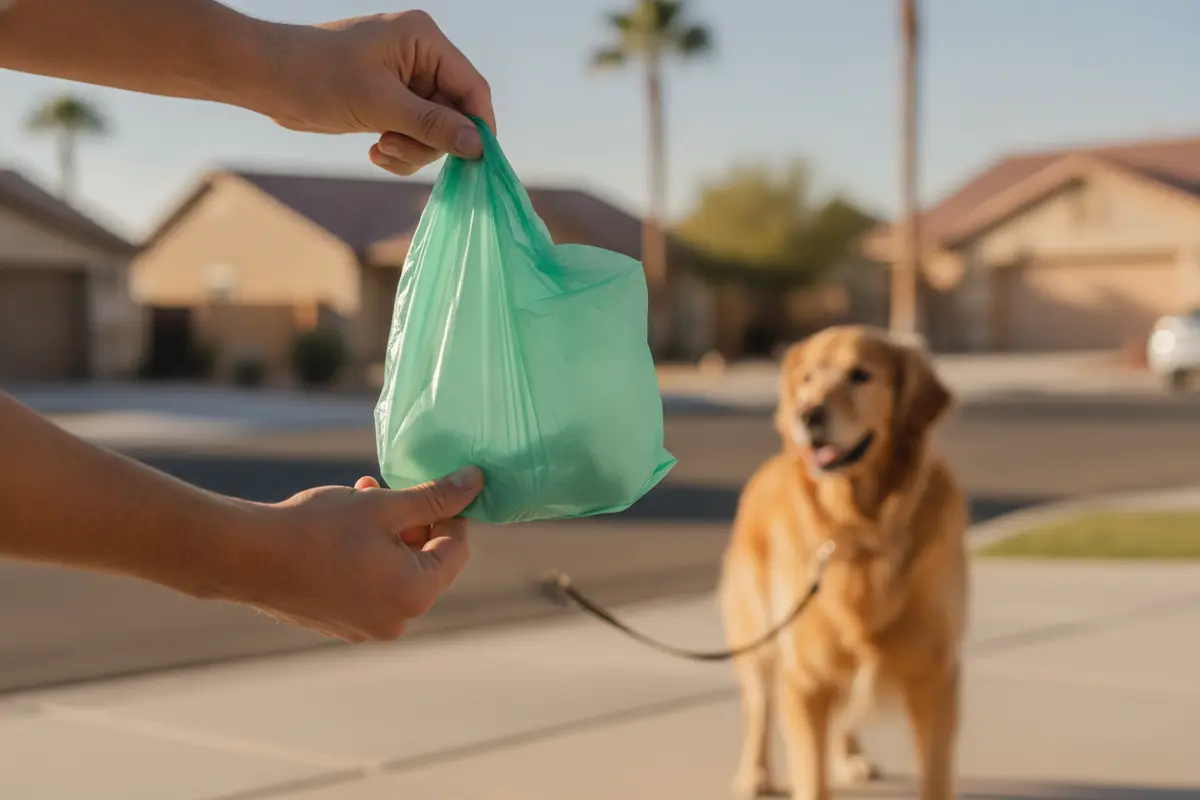 Dog owner checking the strength and closure of biodegradable pet waste bags before a walk