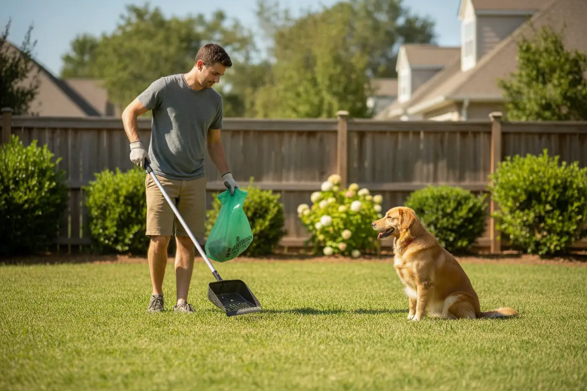 Dog owner following a clear route for yard cleanup dog poop with a scoop and bag