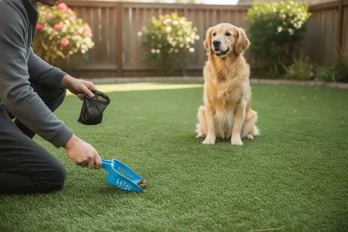 Dog owner removing waste while cleaning artificial grass with dogs