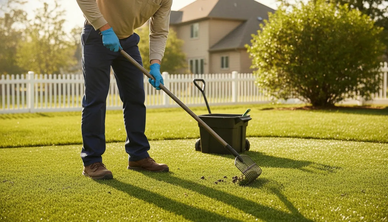 technician removing dog waste from artificial turf