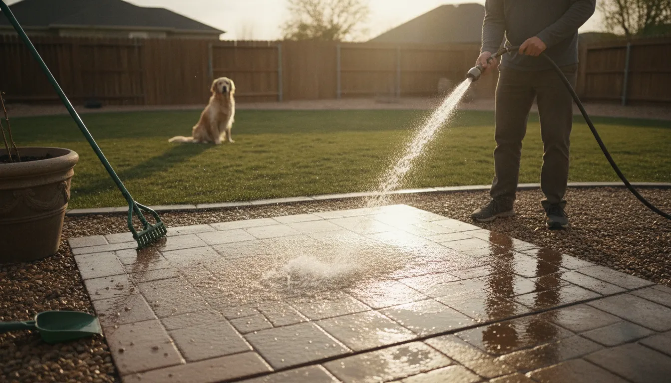 homeowner rinsing a hardscape area after dog waste removal