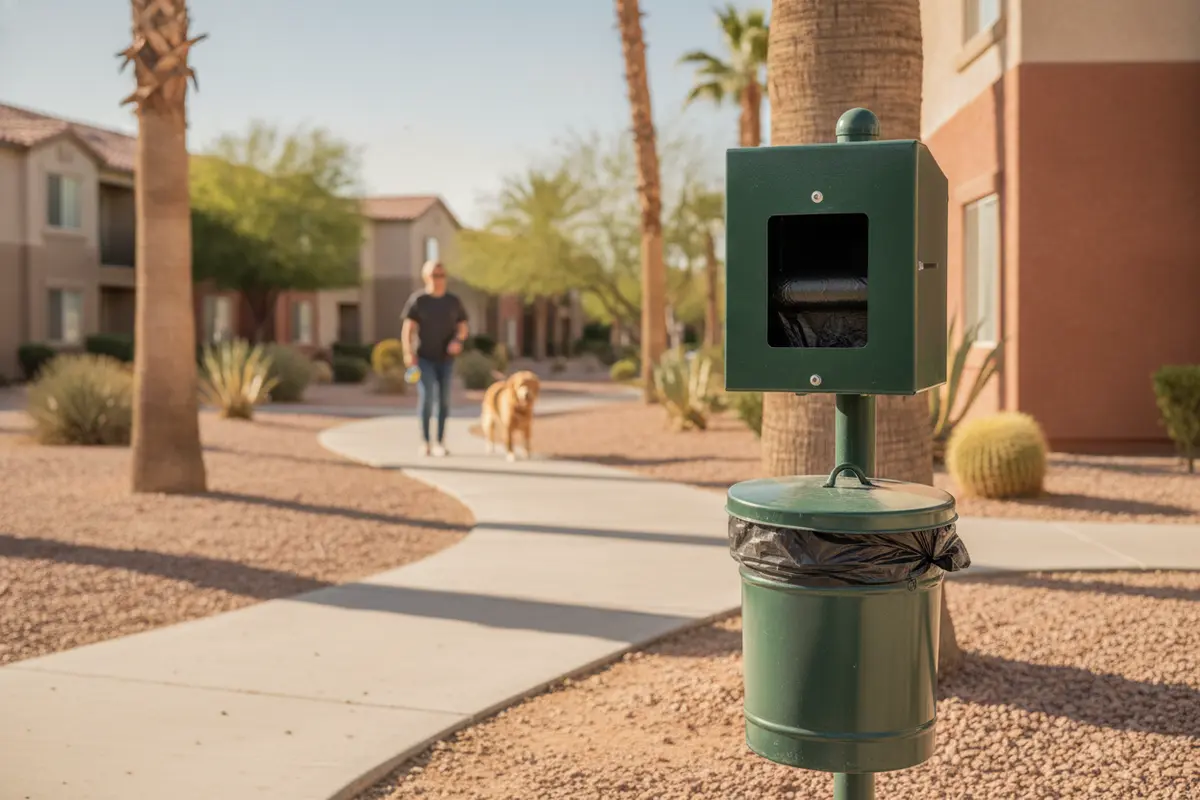 Dog poop station placed beside a community walking route with clear access and a nearby waste bin