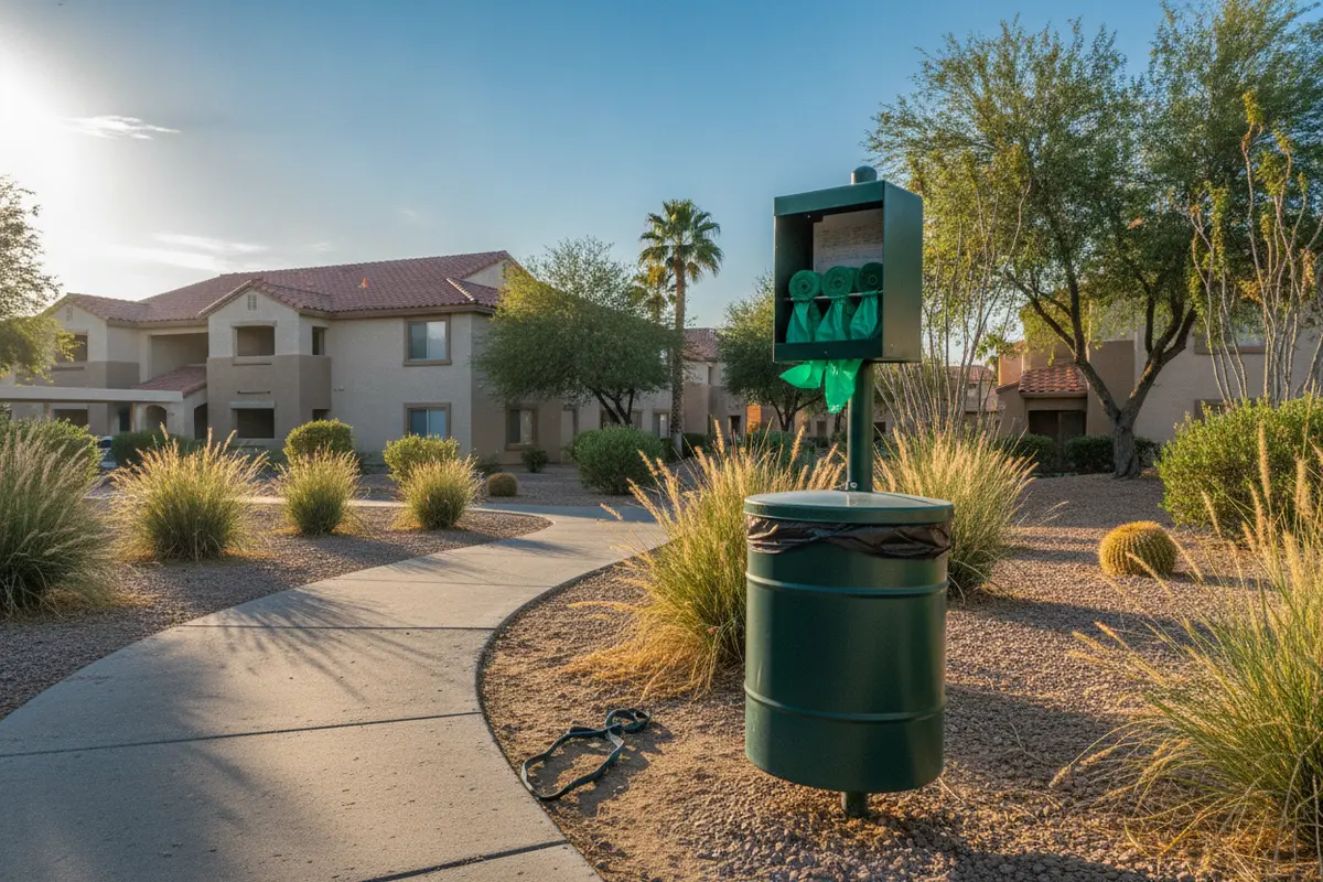 Dog waste stations placed beside a shared apartment community walking path