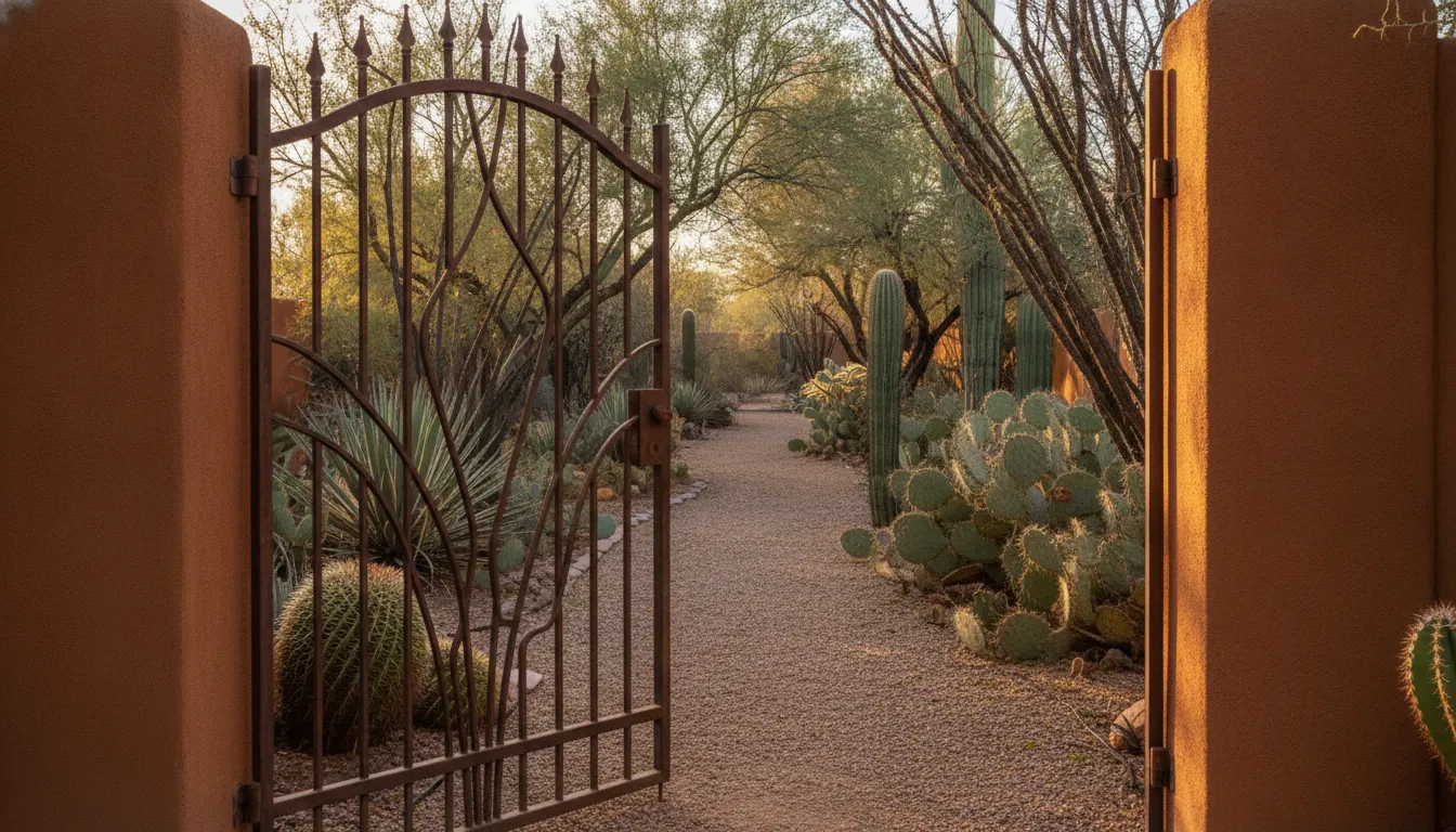 An open residential side gate leading into a gravel Tucson yard