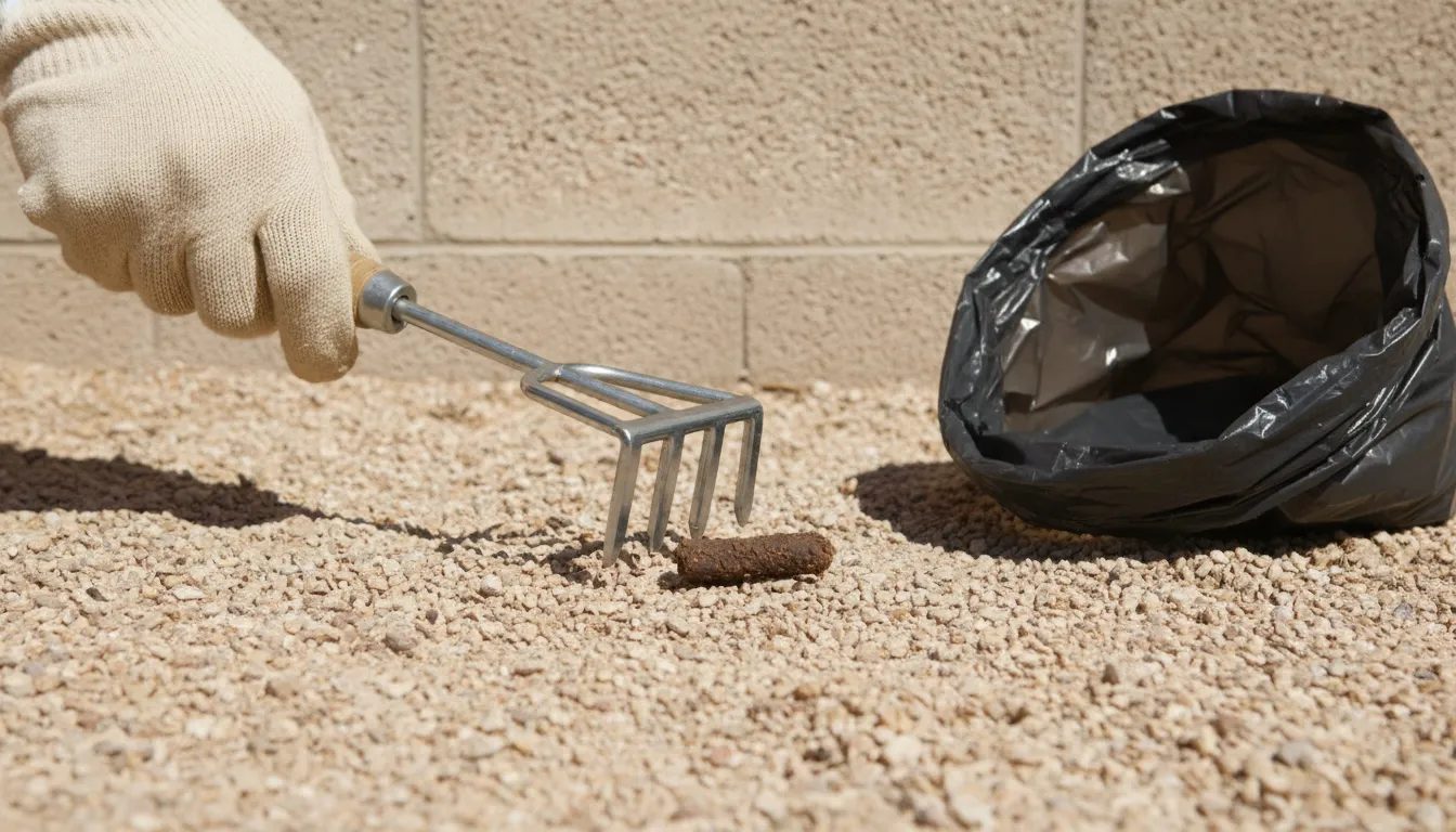 Gloved hand lifting dog waste in a desert yard from gravel beside a block wall