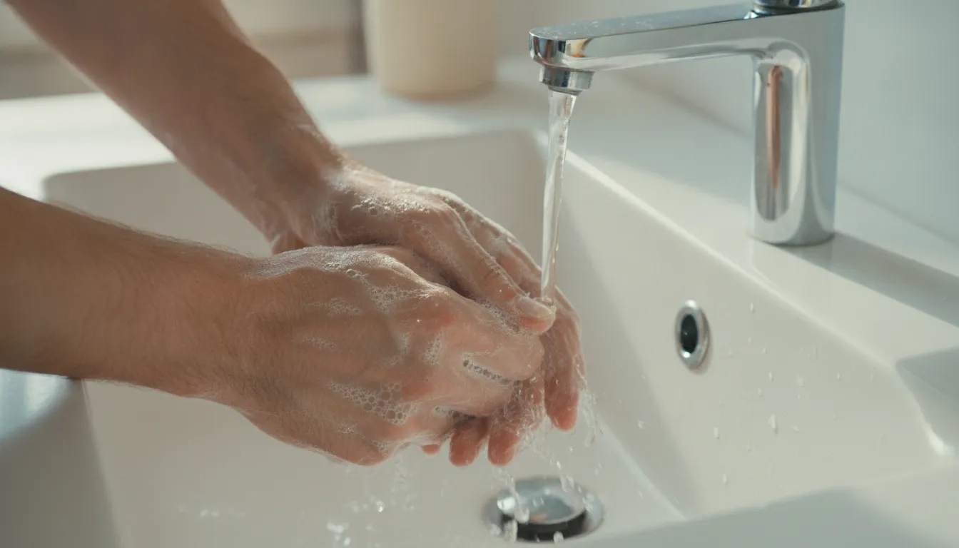 Hand washing with soap after dog poop cleanup to remove pet waste odor