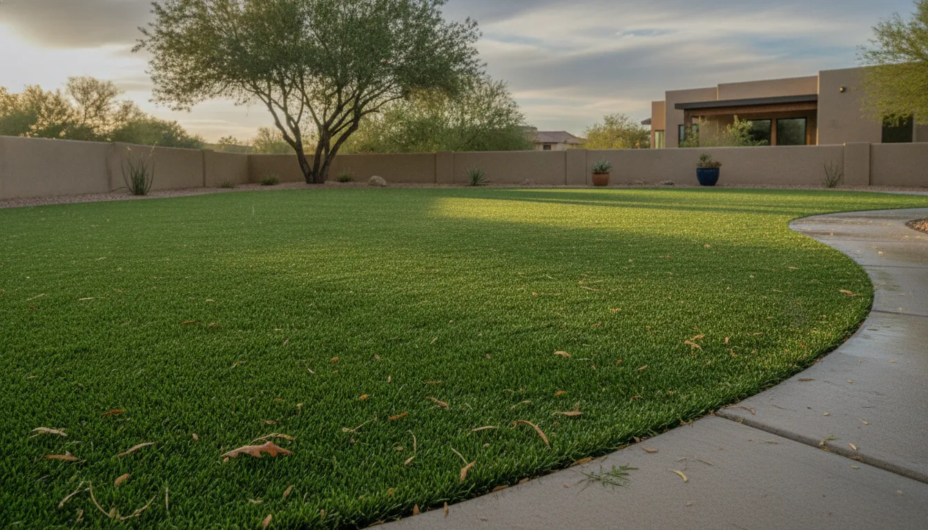 Desert backyard artificial turf after rain, with dry leaves along the concrete edge.