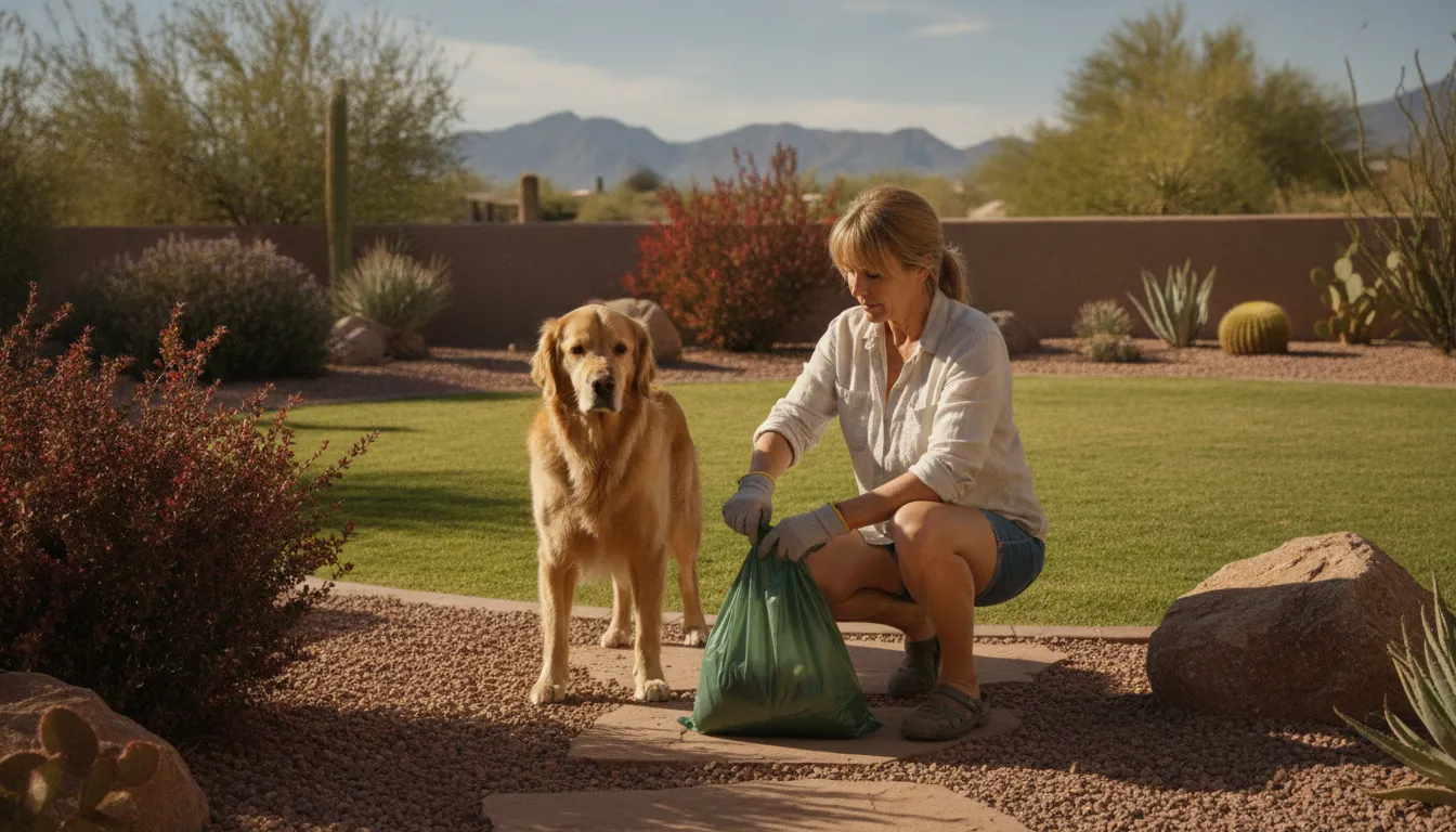 Bright outdoor scene showing a sealed dog waste bag ready for proper disposal
