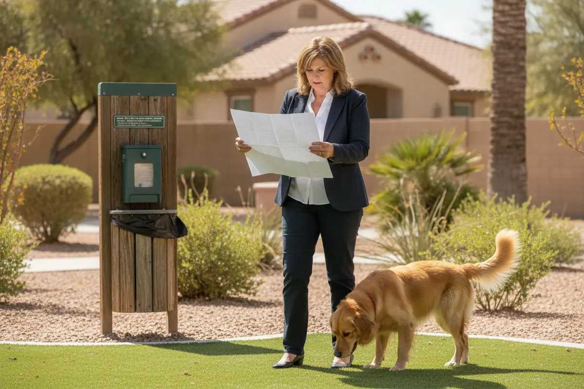 HOA board member checking a mapped dog waste service route in a Las Vegas community