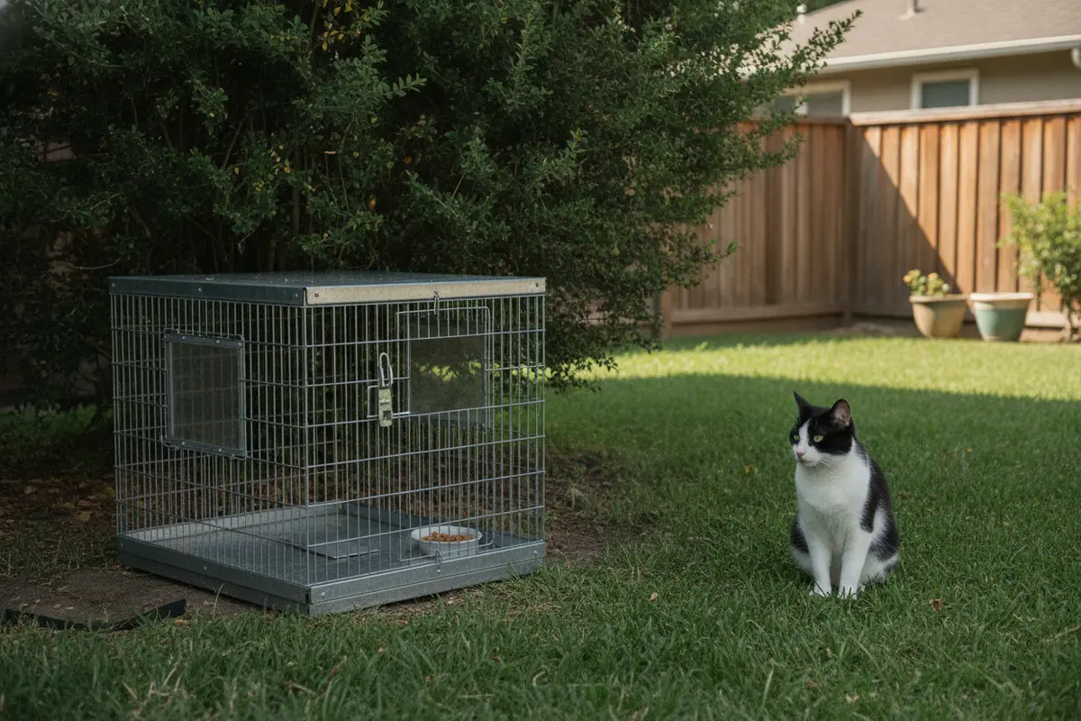 Humane trap cat setup on stable ground with a protective cover and a clear monitoring area