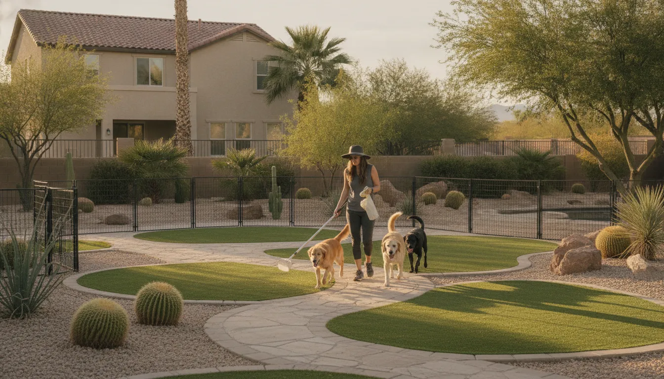Multi-dog Las Vegas yard cleanup route with a scoop and three dogs