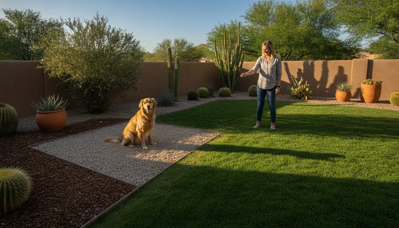 Dog using a designated relief area beside a clean lawn
