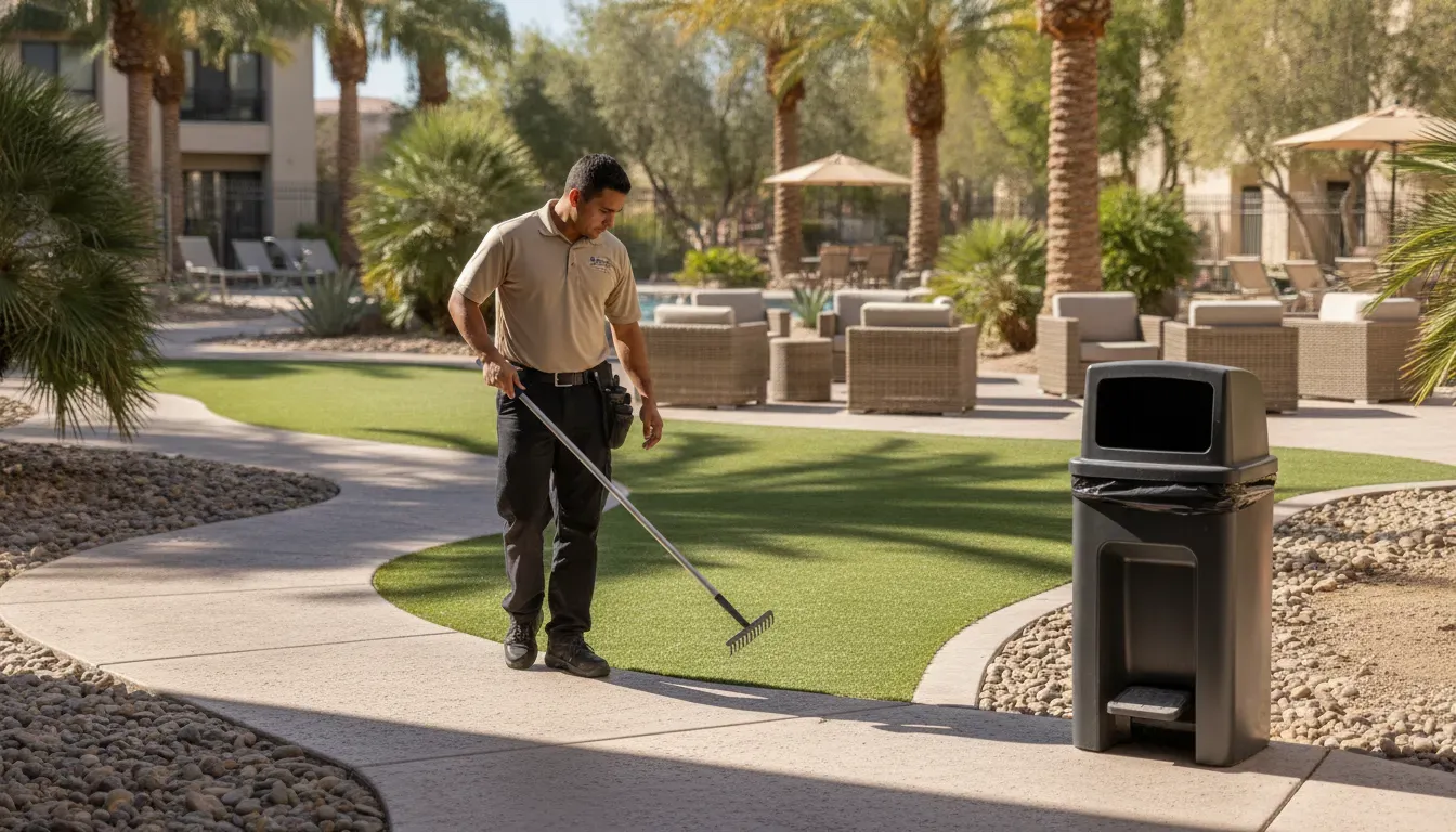 Pet relief area and walking route in a senior living community courtyard