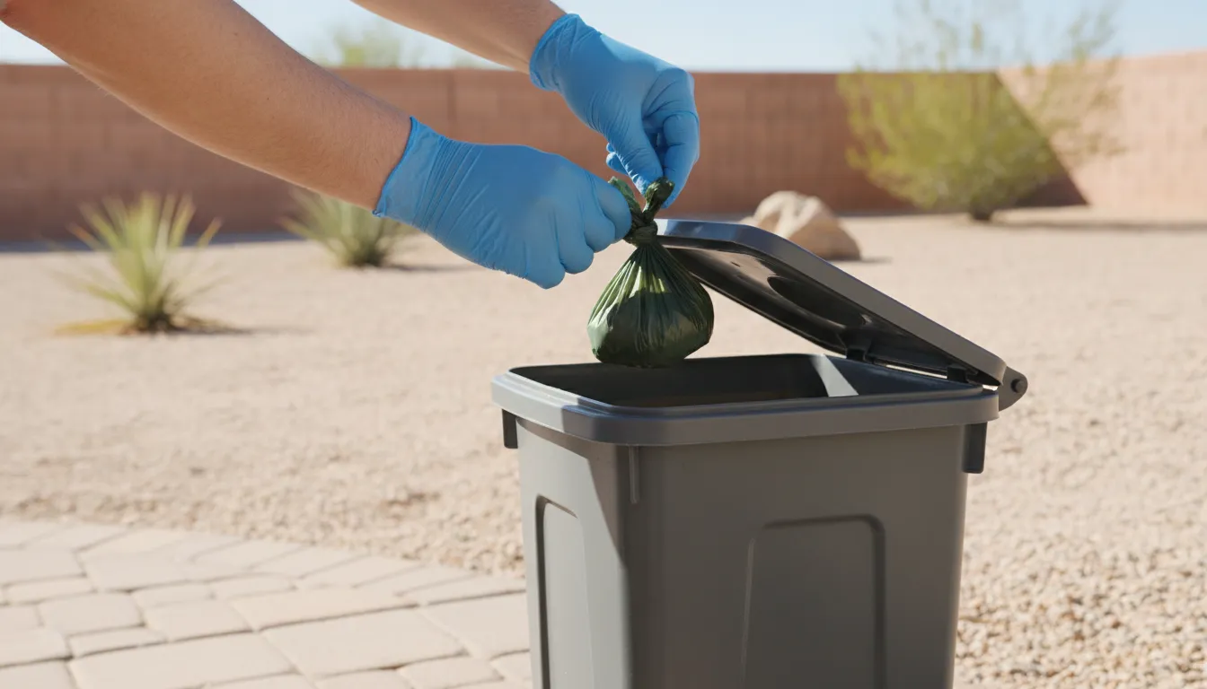 Daily dog poop pickup and odor control routine for an outdoor trash can