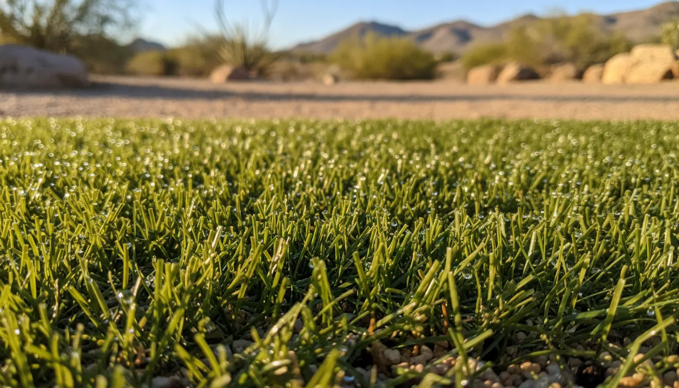 Water beads on artificial turf blades in a sunny desert yard