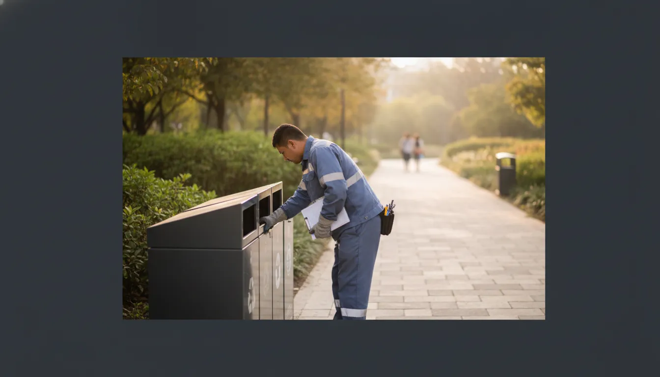 Technician inspecting a public park waste station