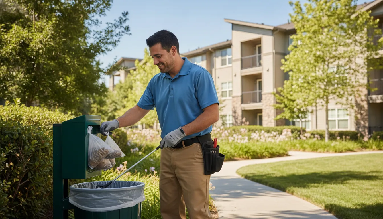 Professional apartment dog waste cleanup service in a shared pet area