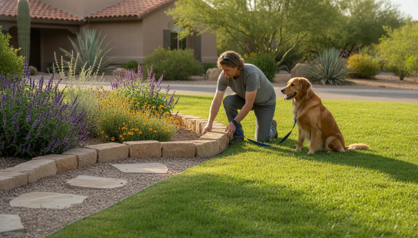 Homeowner installing a humane lawn boundary beside a dog